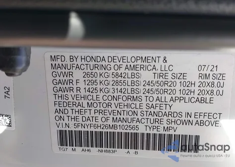 2021 Honda Pilot Awd Special Edition из США, поврежденный, VIN 5FNYF6H26MB102565